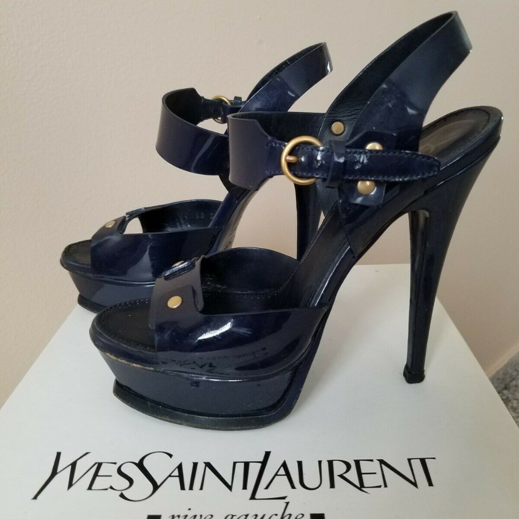 Yves Saint Laurent Navy Open Toe Shoes Size 37 Us 6.5